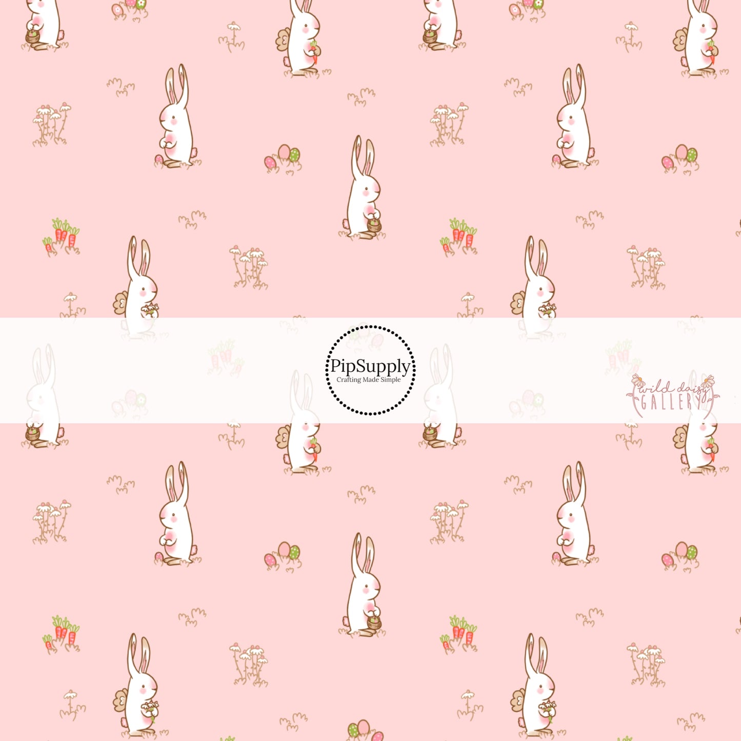 Light Pink fabric by the yard with Easter Bunnies, Easter eggs, and carrots