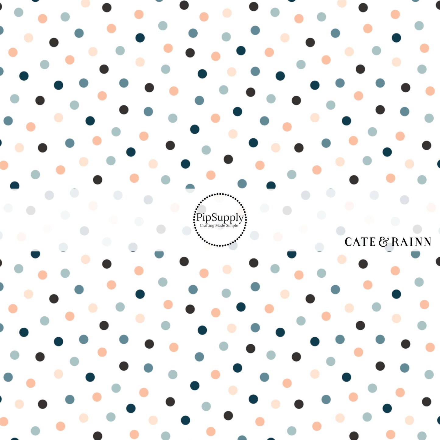 White fabric by the yard with navy blue, peach, and teal dots