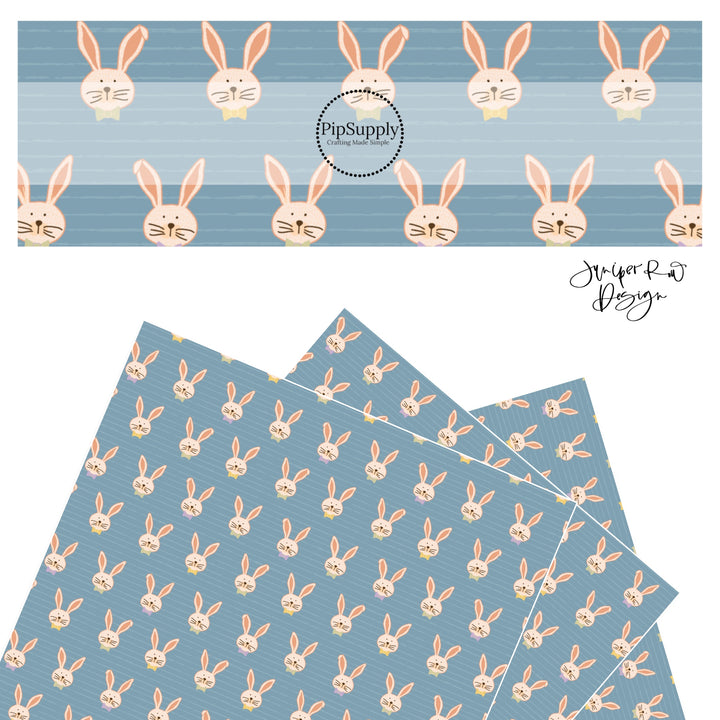 Brown bunnies with big ears and bow ties on blue stripe faux leather sheets