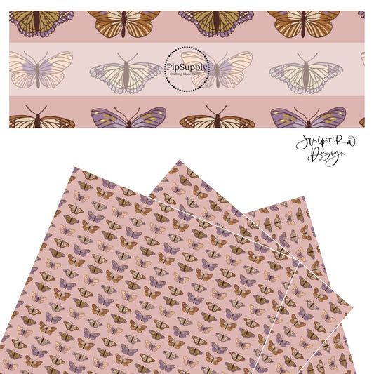 Purple and brown butterflies with different colored wings on mauve faux leather sheets