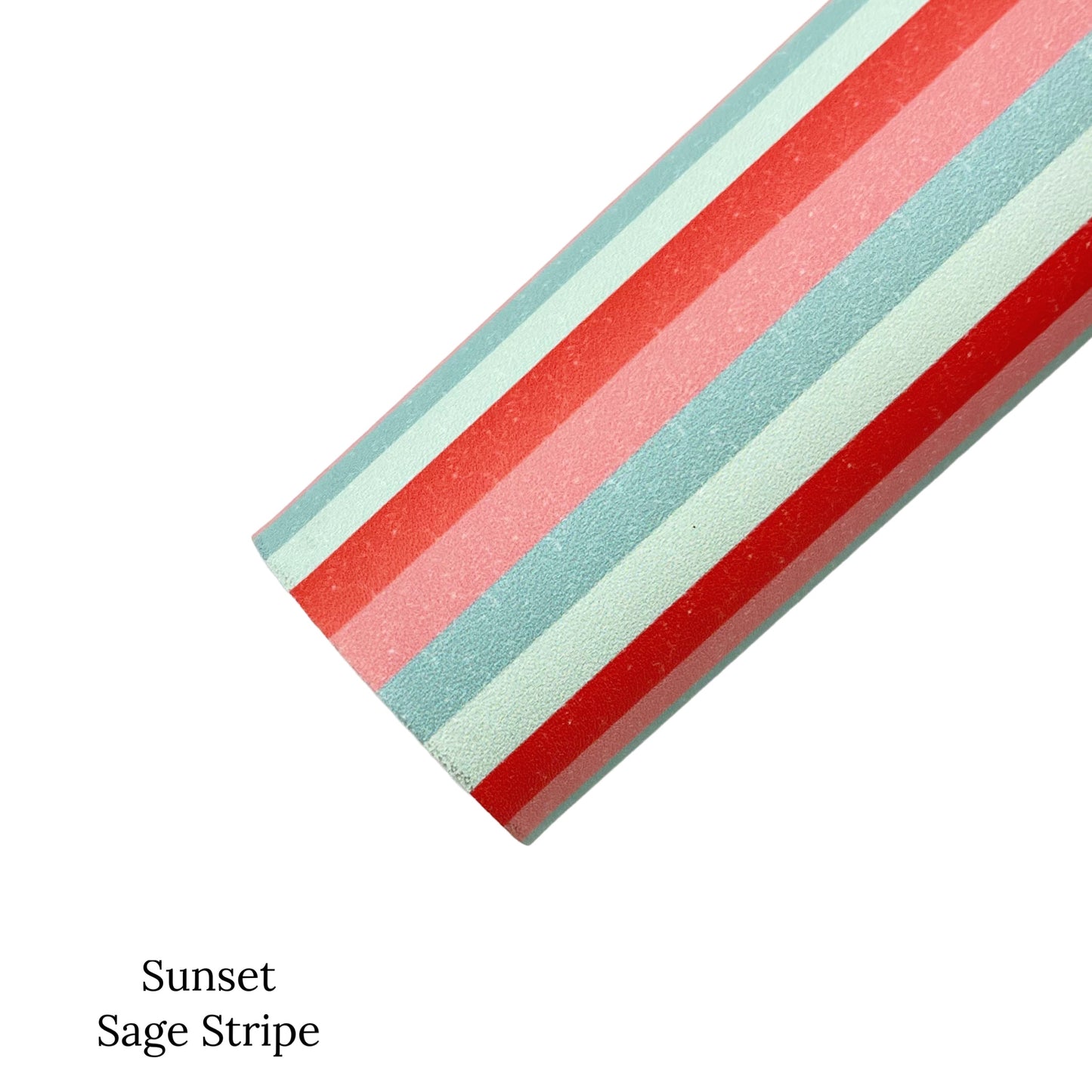 Rolled sage, coral, peach, and pale green strip patterned faux leather sheet.