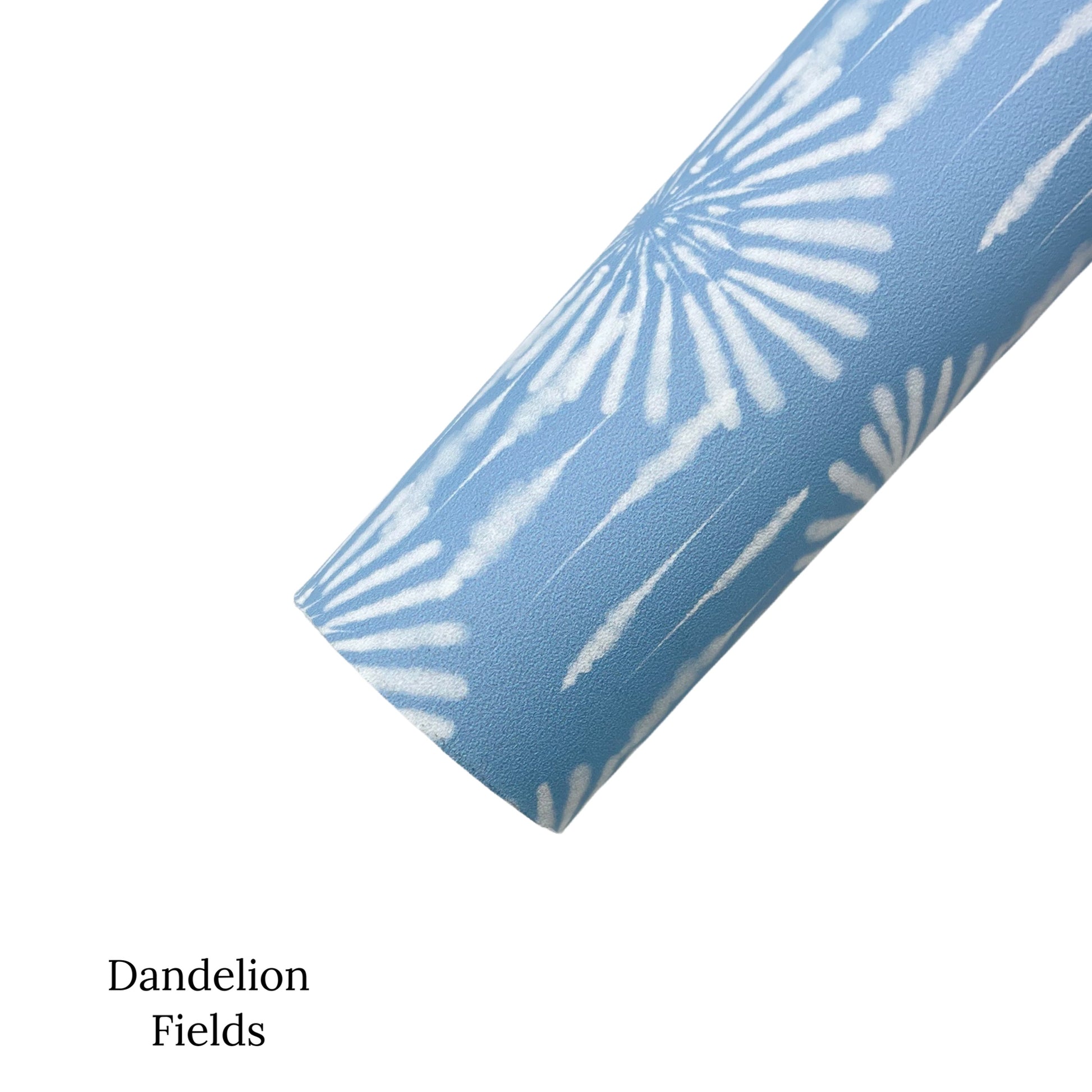 Rolled powder blue faux leather sheet with white tie-dye pattern.