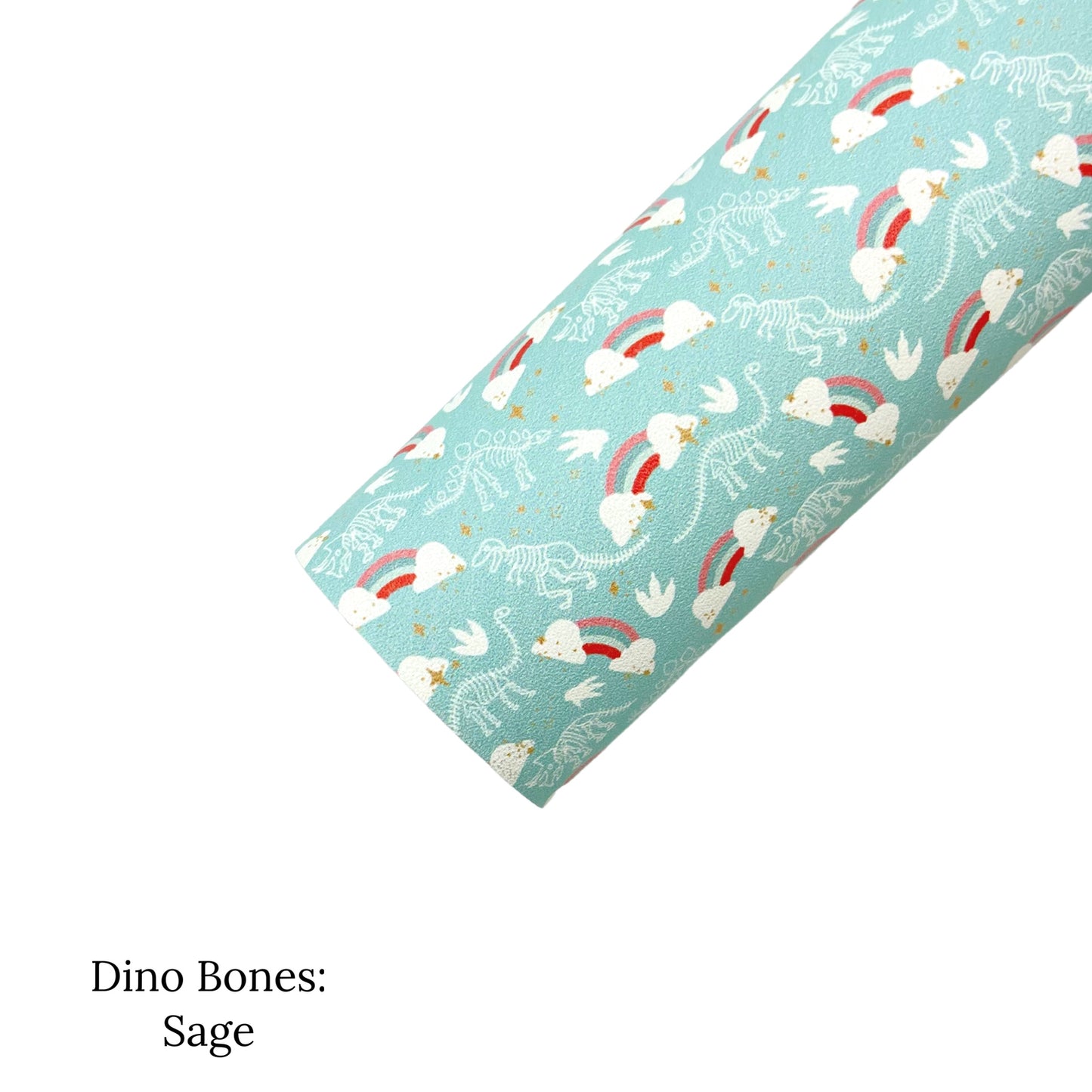 Rolled light aqua faux leather sheet with white dinosaur bones, claw prints, gold stars, and retro rainbow pattern.