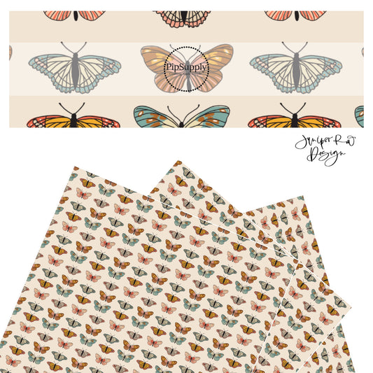 Orange, blue, and brown butterflies in a line on cream faux leather sheets