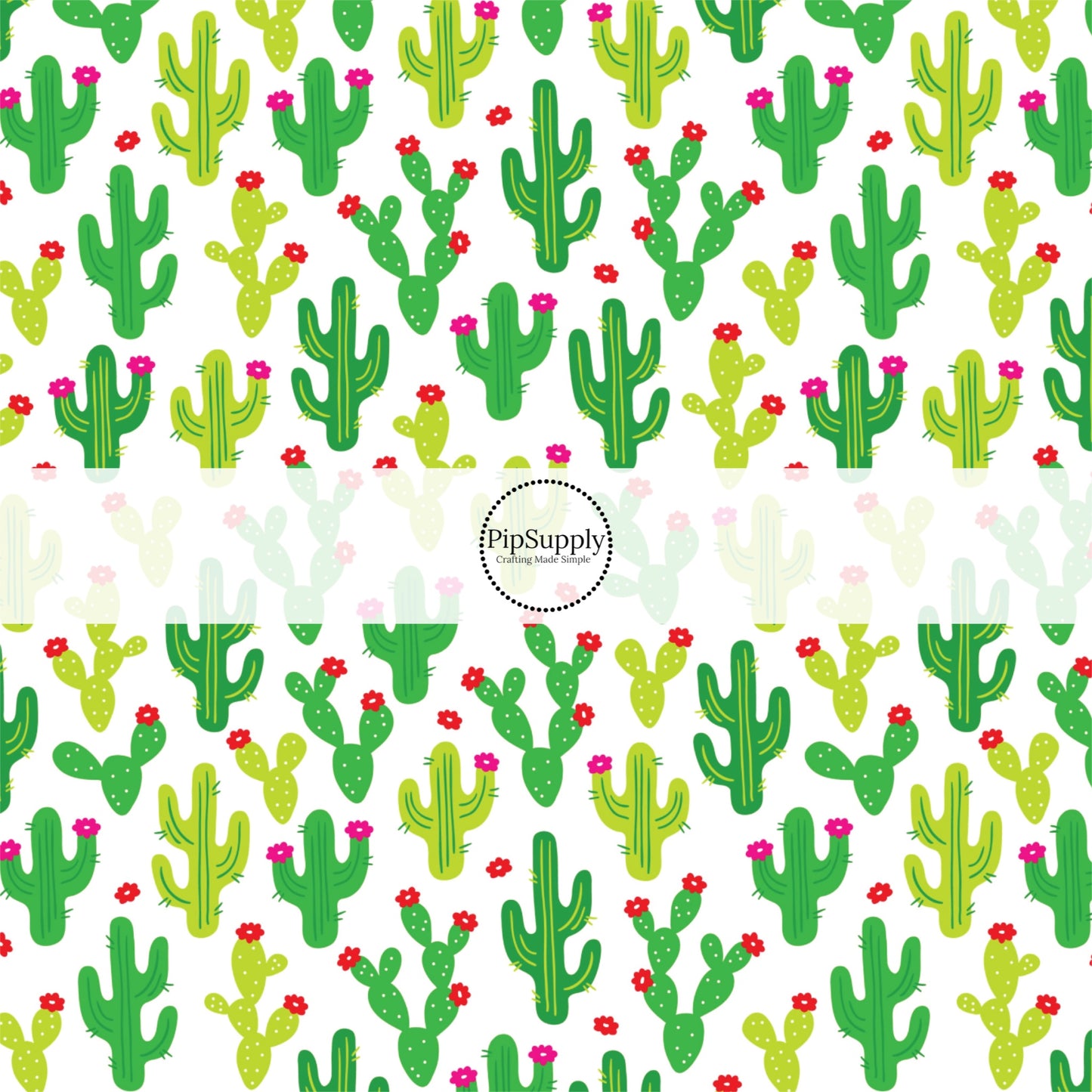 Light green and dark green cactus plants and pink flowers on white fabric by the yard.