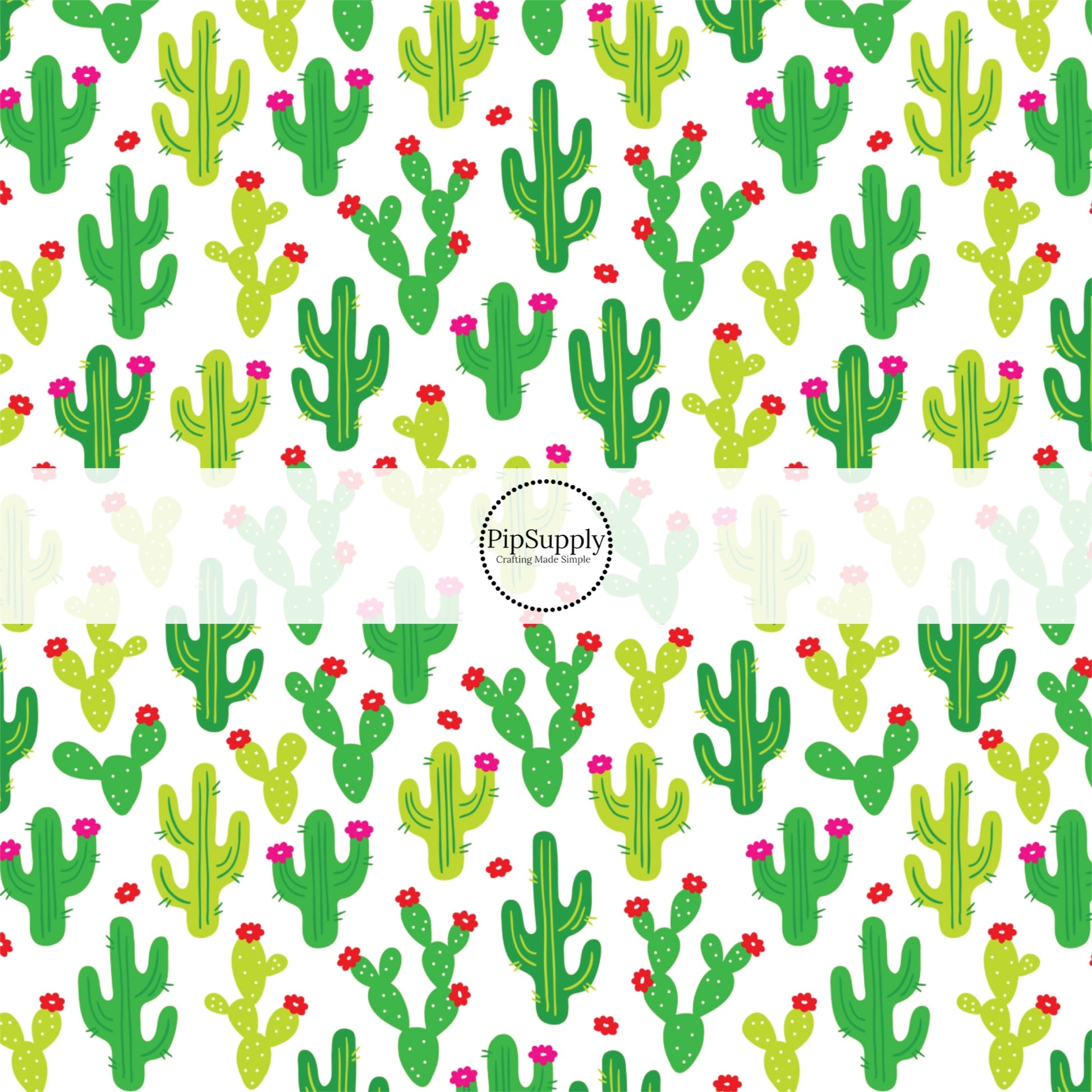 Light green and dark green cactus plants and pink flowers on white fabric by the yard.