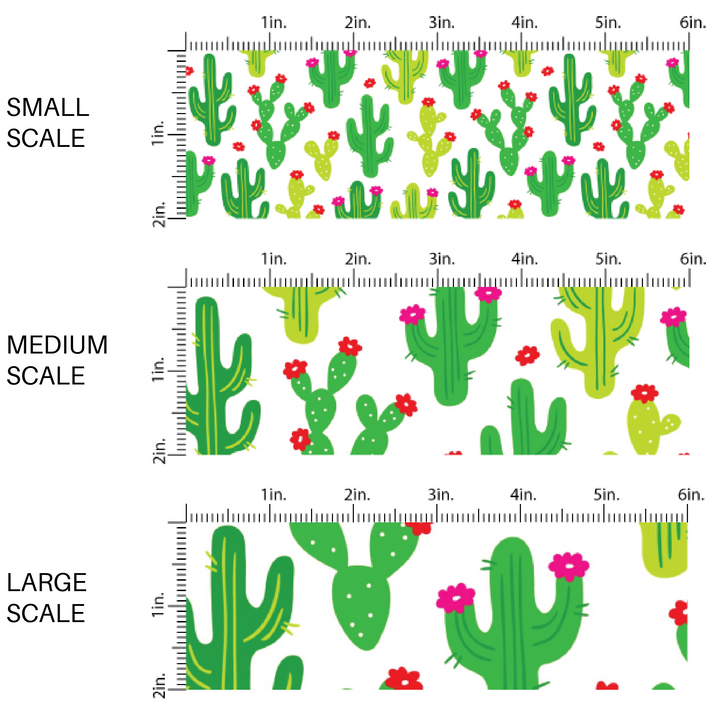 Light green and dark green cactus plants and scaled image guide pink flowers on white fabric by the yard.