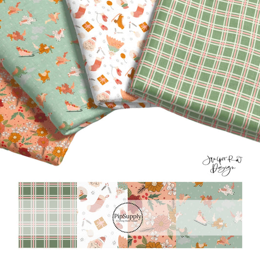 Christmas cream, green, and pink plaid, sleights, and floral high quality fabric adaptable for all your crafting needs. Make cute baby headwraps, fun girl hairbows, knotted headbands for adults or kids, clothing, and more!