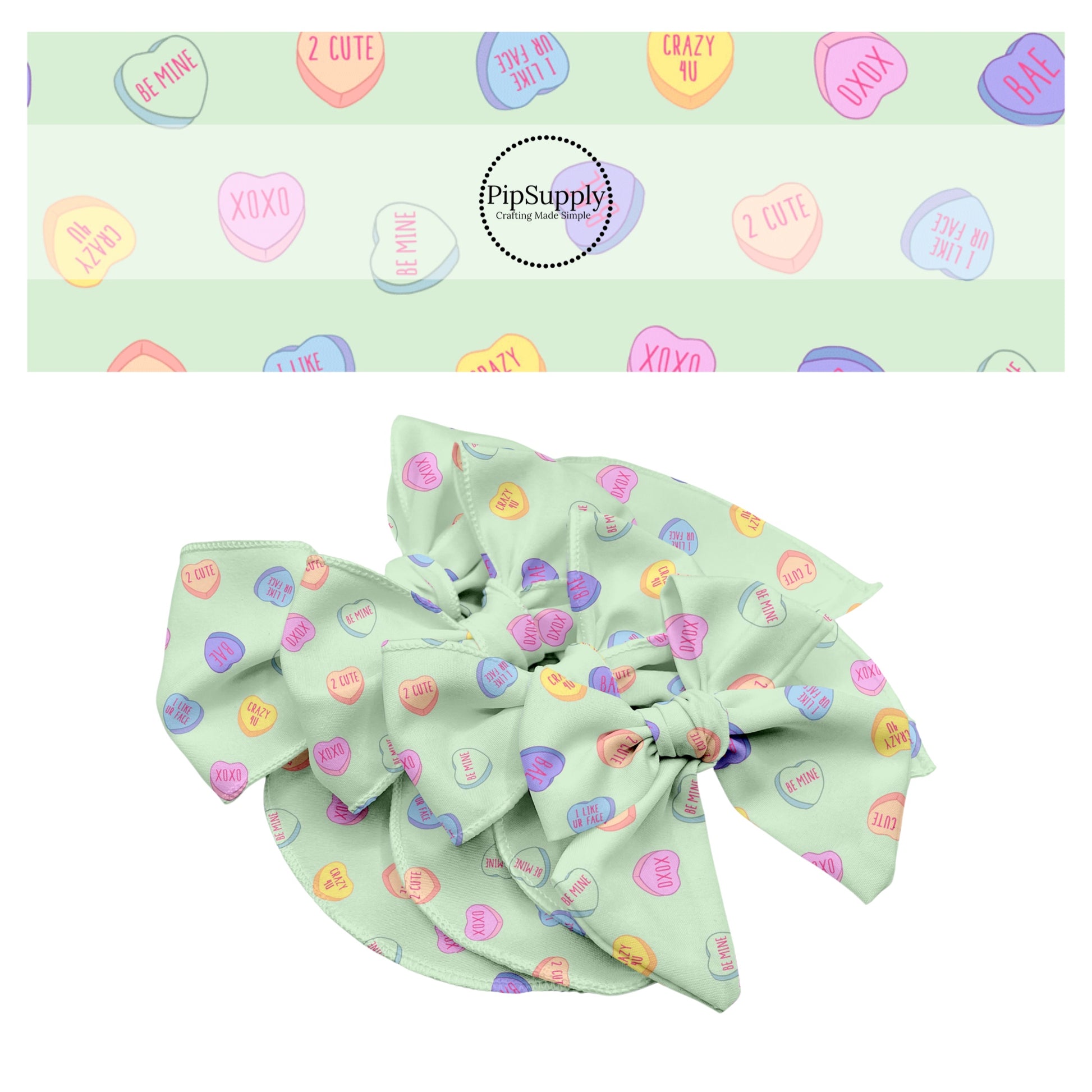 mint colored bow strips with multi colored candy hearts with valentine sayings