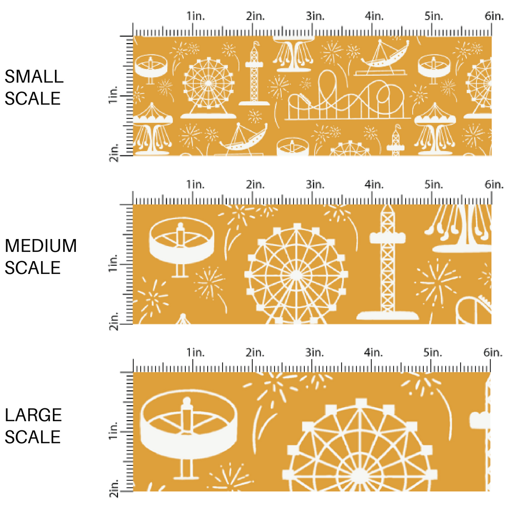 Mustard yellow fabric by the yard scaled image guide with the white silhouettes of carnival activities.