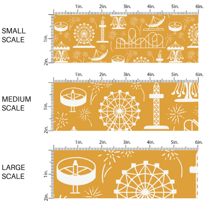 Mustard yellow fabric by the yard scaled image guide with the white silhouettes of carnival activities.