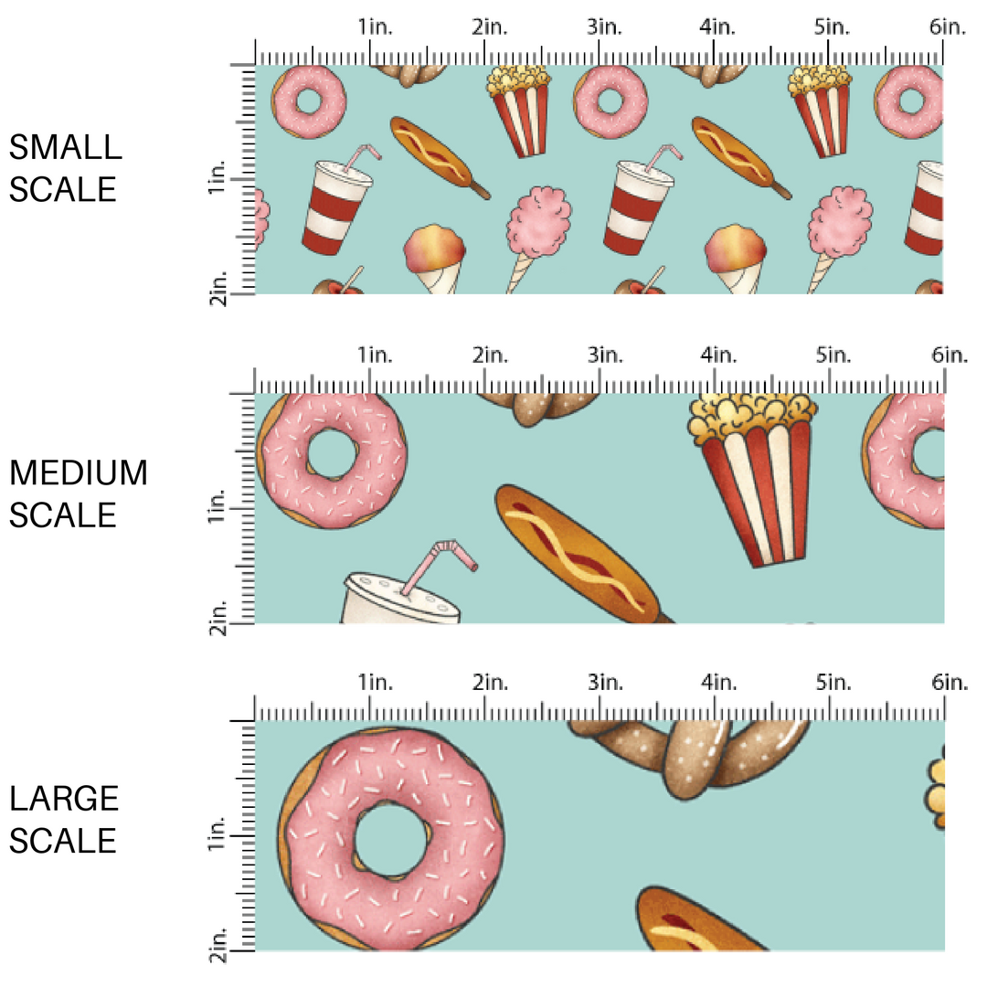 Blue fabric by the yard scaled image guide with pretzels, donuts, popcorn, and other fair foods.