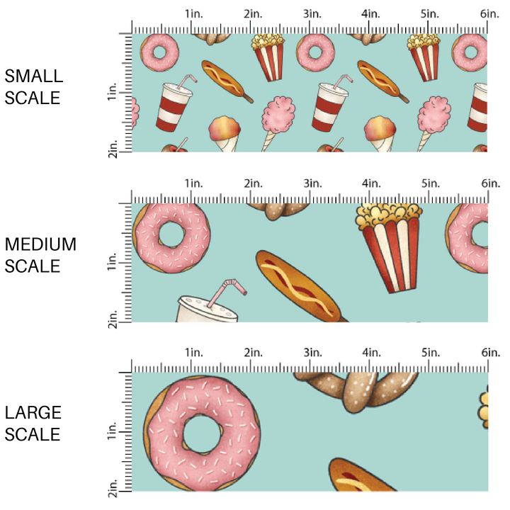 Blue fabric by the yard scaled image guide with pretzels, donuts, popcorn, and other fair foods.