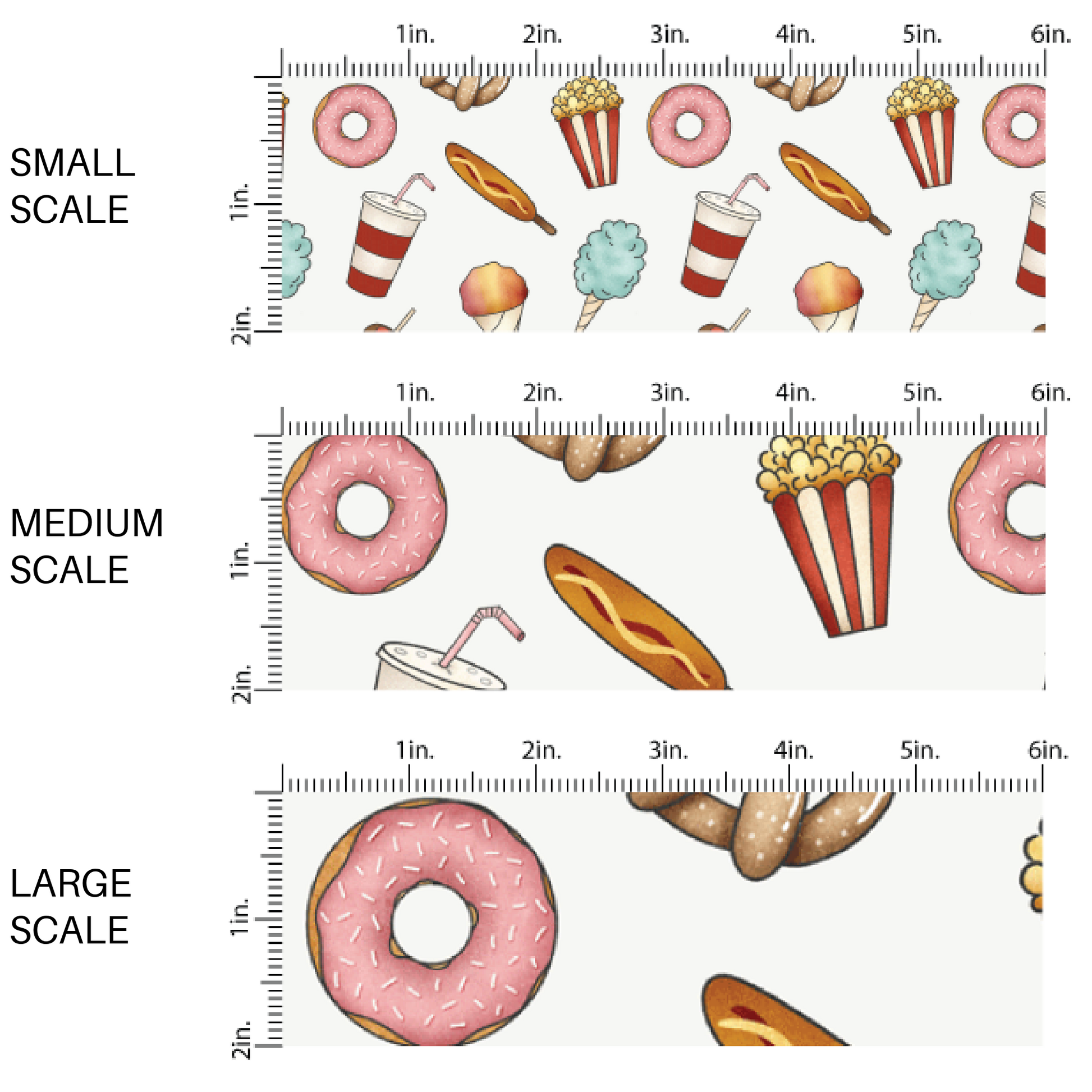 Popcorn, cotton, candy, corndogs, and soda on cream fabric by the yard scaled image guide.