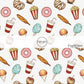 Popcorn, cotton, candy, corndogs, and soda on cream fabric by the yard.