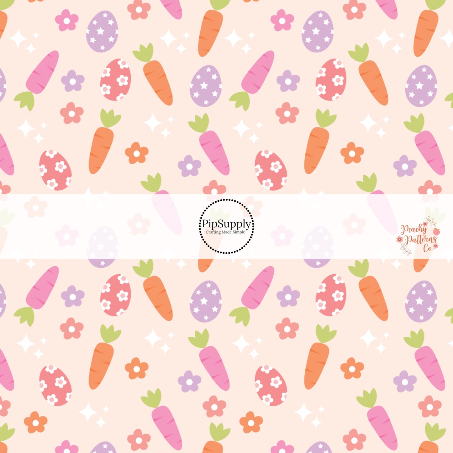 Pink, purple, and orange flowers, pink and orange carrots, and decorative easter eggs on peach bow strips