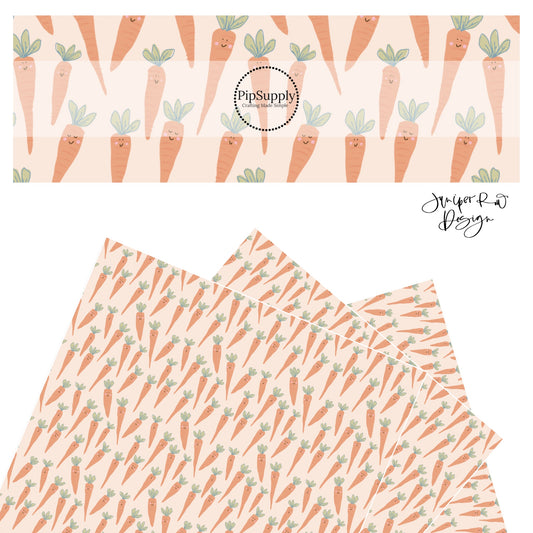 Orange carrots with smiley faces and blushing cheeks on pale orange faux leather sheets