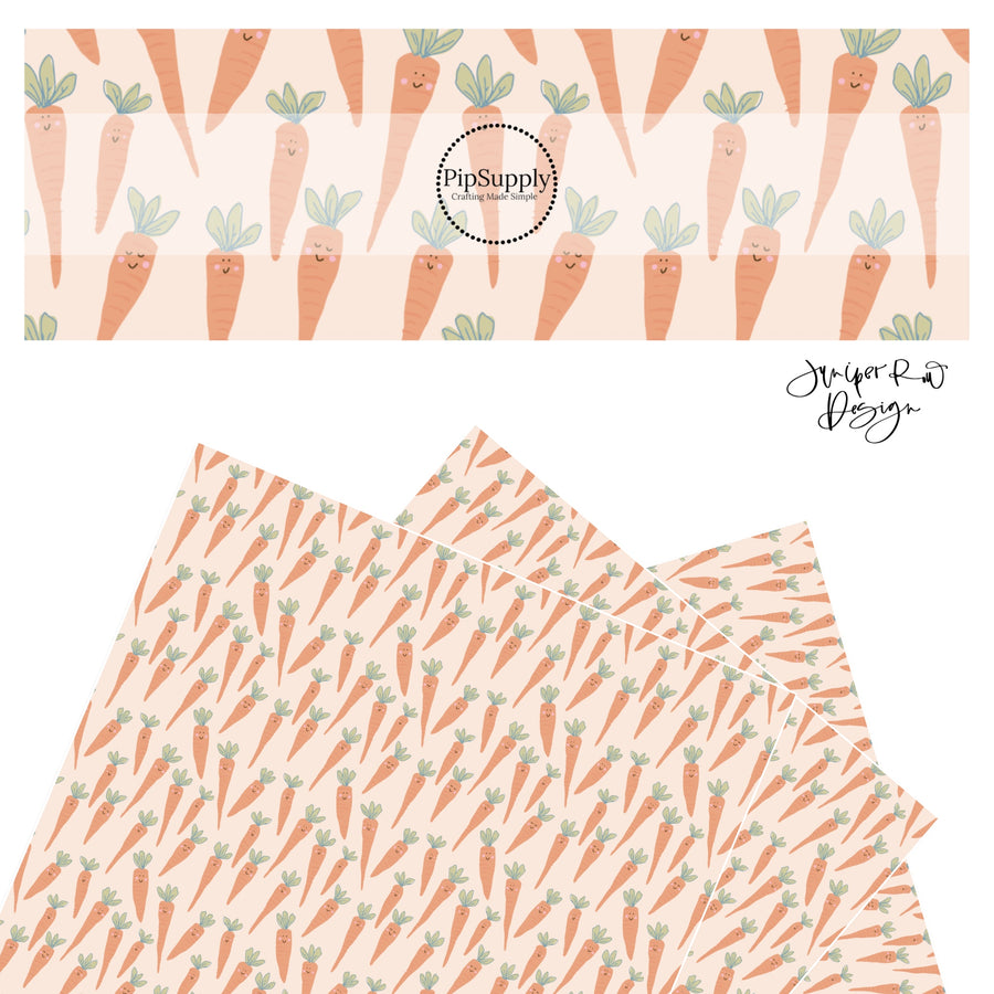 Orange carrots with smiley faces and blushing cheeks on pale orange faux leather sheets