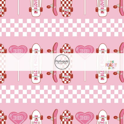 White and pink Skateboards that are up and down with pink and white checker.
