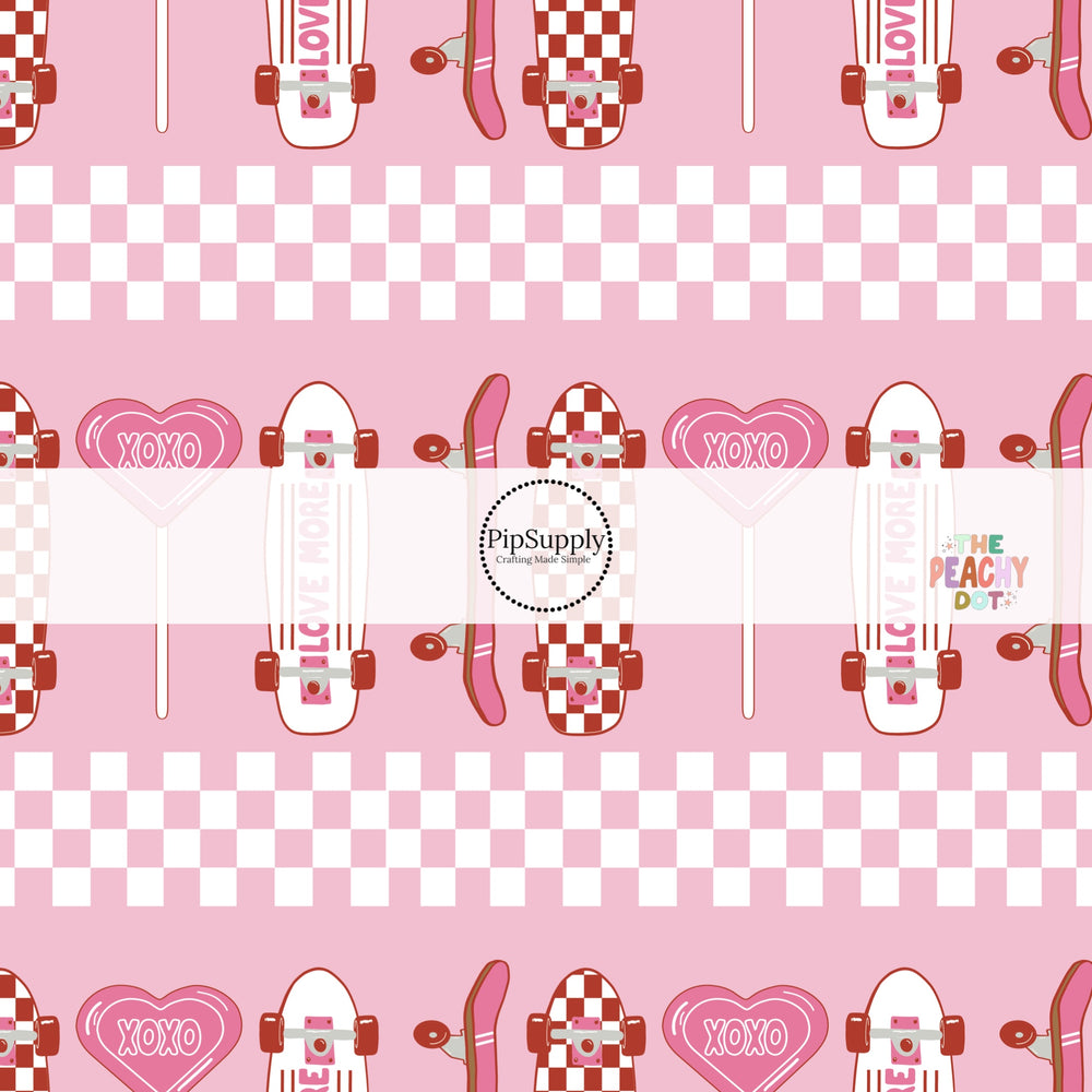 White and pink Skateboards that are up and down with pink and white checker.