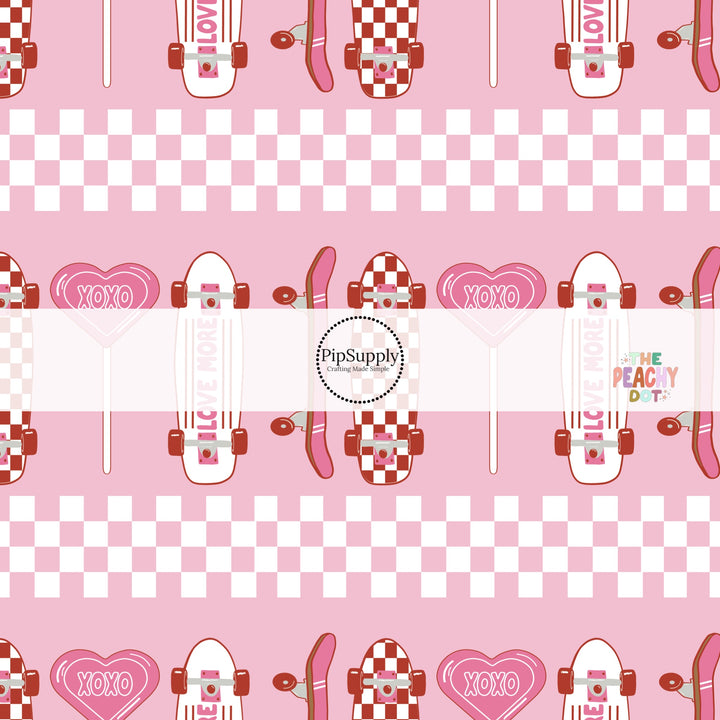 White and pink Skateboards that are up and down with pink and white checker.