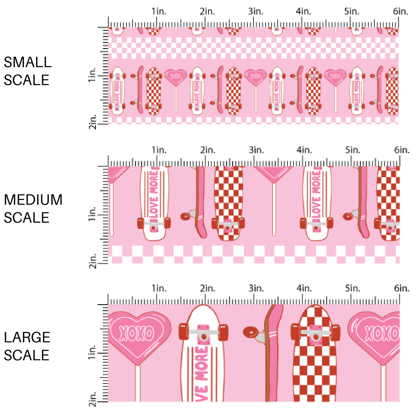 Pink fabric image guide with white skateboards and checkered skateboards with pink lollipops