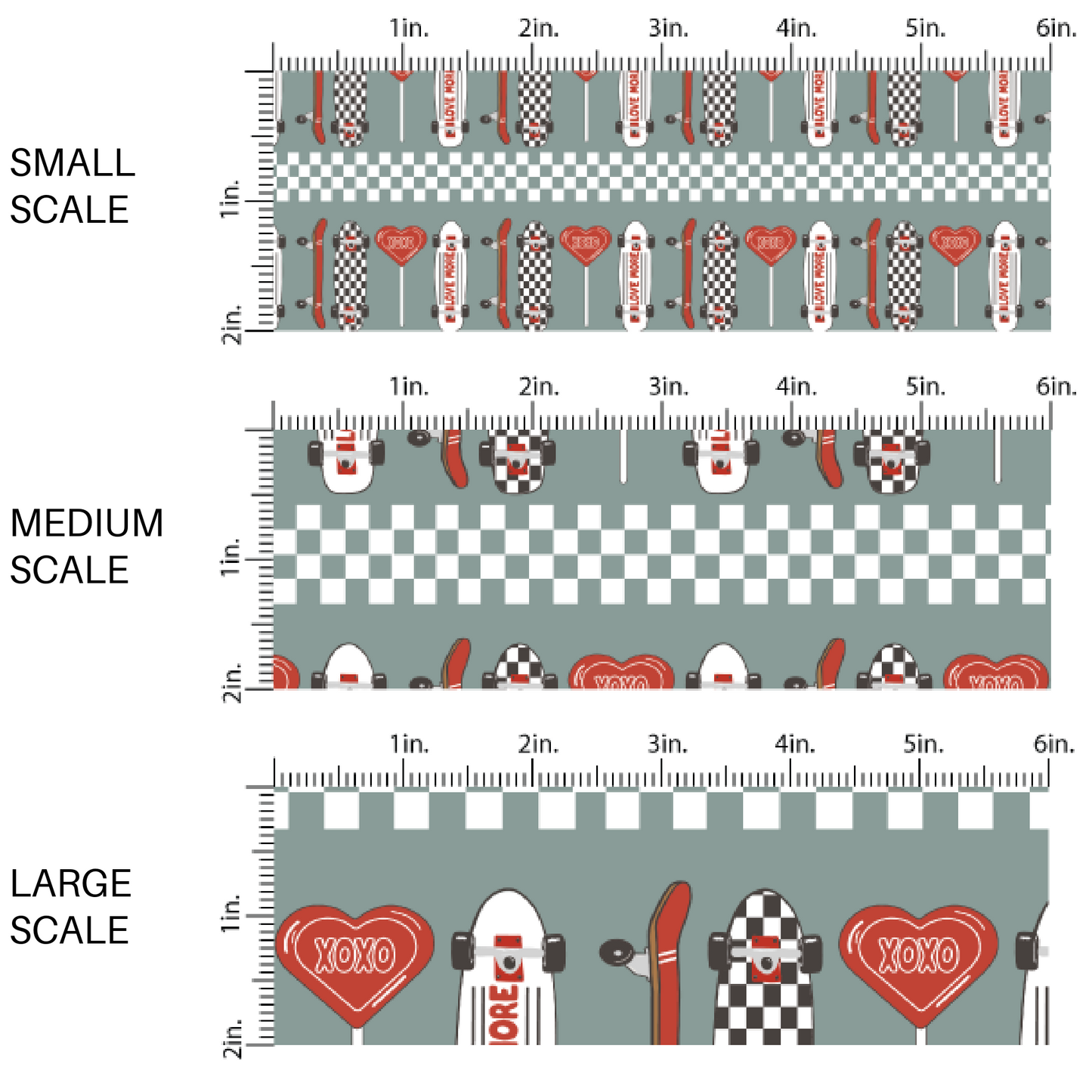 Blue Fabric image guide with checkered print, skateboards, and heart shaped lollipops