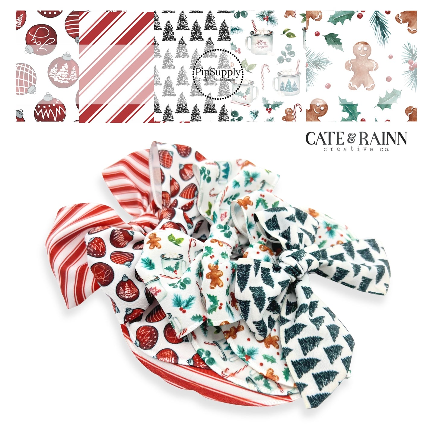     Cate-and-rainn-individual-bow-strips-with-stripes-trees-and-ornaments