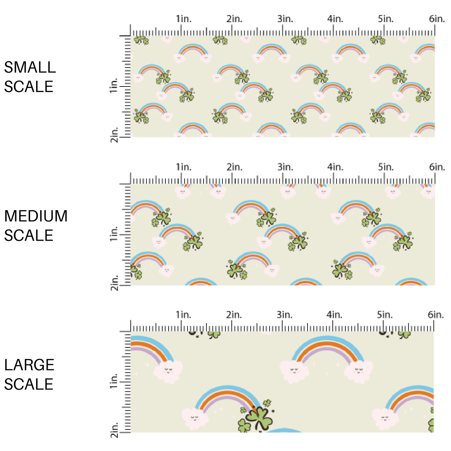 Rainbows, Animated clouds, and green clovers on a pale green fabric by the yard scaled image guide