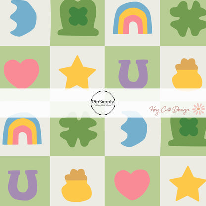 Purple horseshoe, rainbow, green hat, green clover, and pot of gold pictures on green and cream checkered bow strips