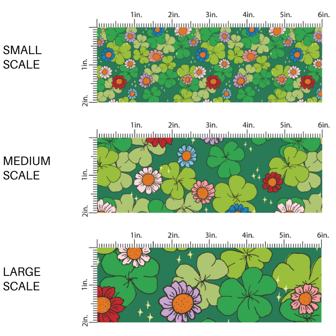 Green clovers and colorful floral designs on a dark green fabric by the the yard scaled image