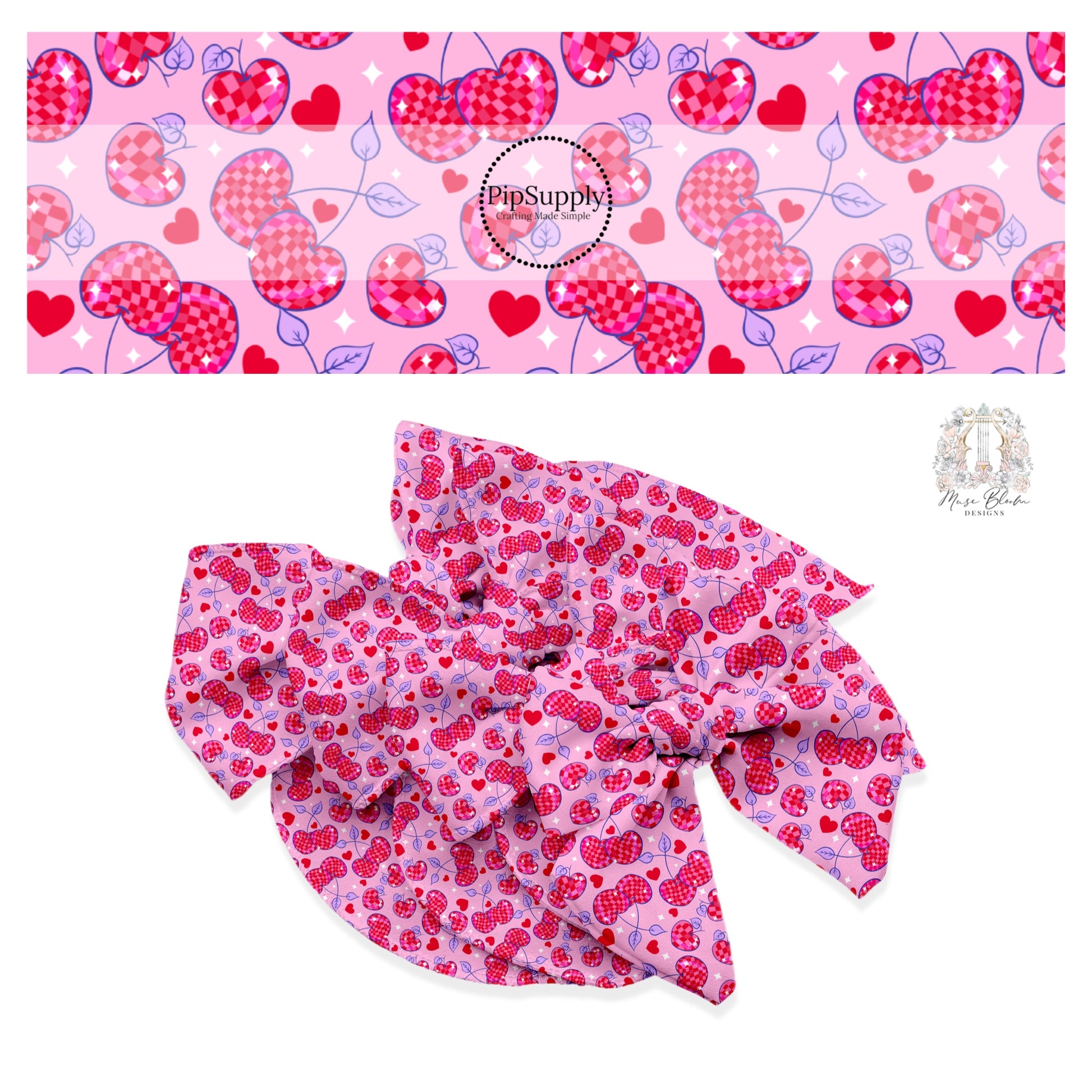 Purple outlined pink and red cherries with white sparkles and red hearts on a pink bow strip