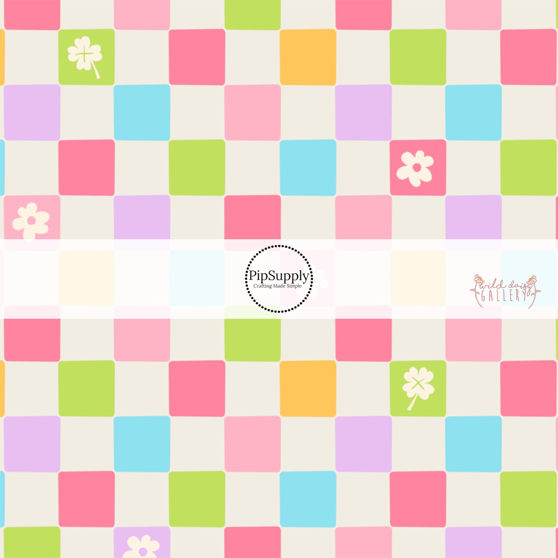 Hot pink, purple, blue, orange, and green checker with floral cutout bow strips