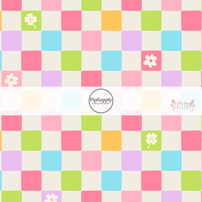 Hot pink, purple, blue, orange, and green checker with floral cutout bow strips