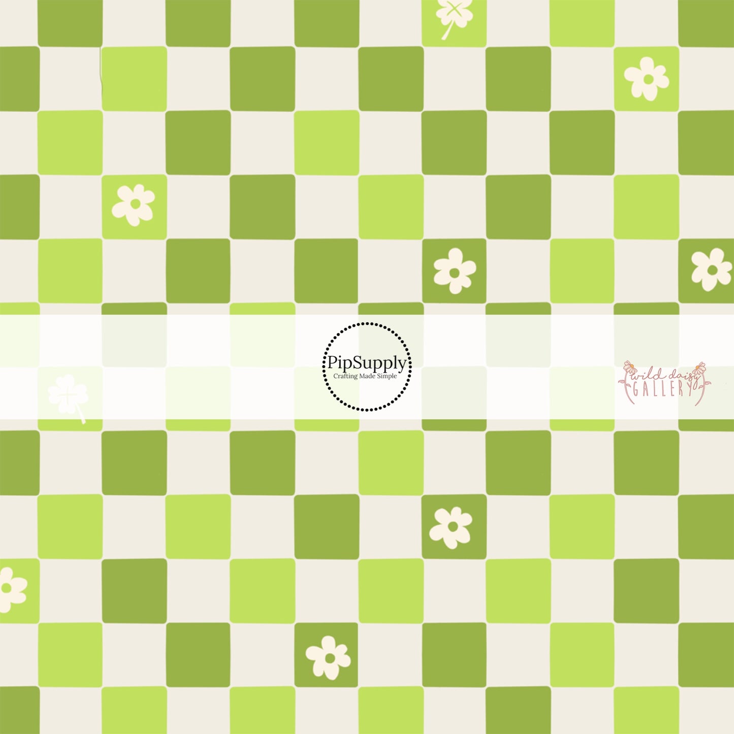 Fabric by the yard pattern with a green checkered print that has clovers and flower designs