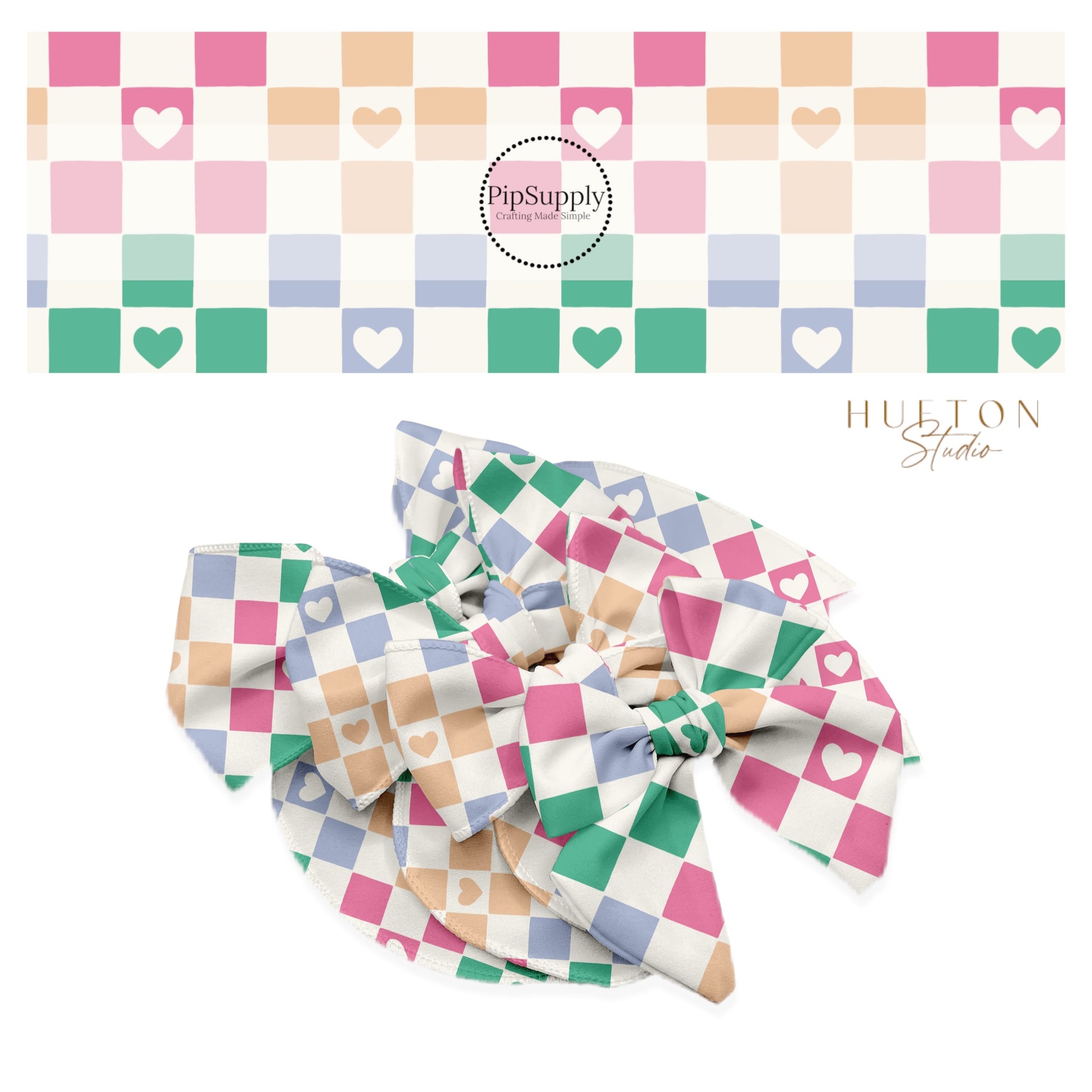 Cream checker with green, blue, and pink hearts on the same color checker bow strips