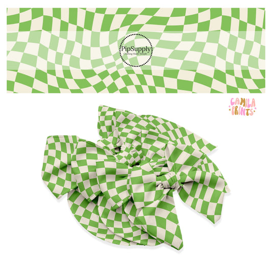 Green tiles with wavy cream checker bow strips