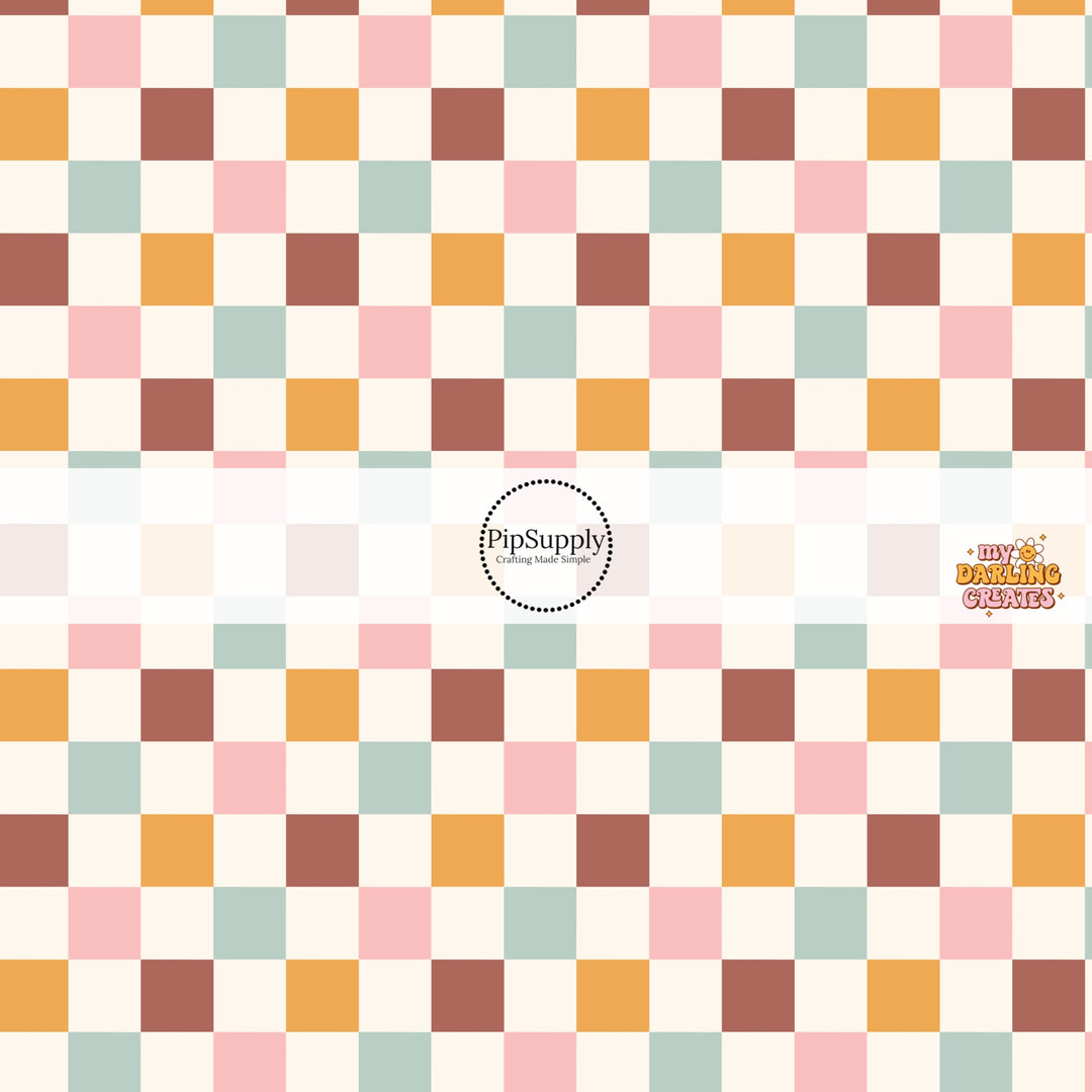 Burgundy, teal, pink, and orange checkered print fabric by the yard scaled image guide