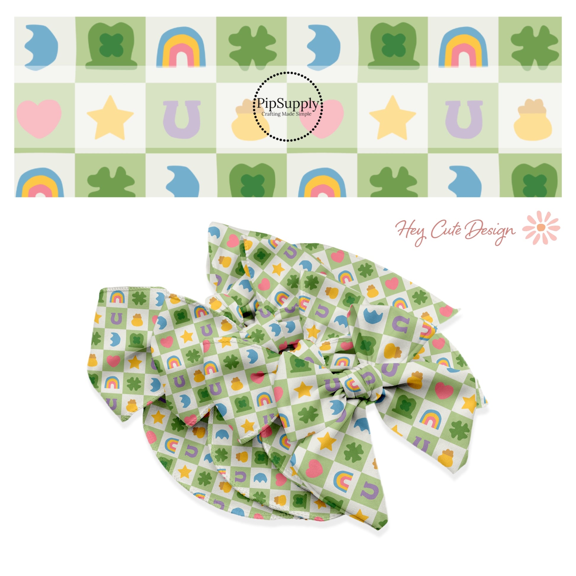 Pink heart, green clover, green hat, rainbow, gold star, and pot of gold on a green and cream checker bow strip