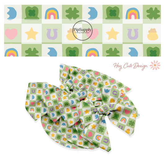 Pink heart, green clover, green hat, rainbow, gold star, and pot of gold on a green and cream checker bow strip