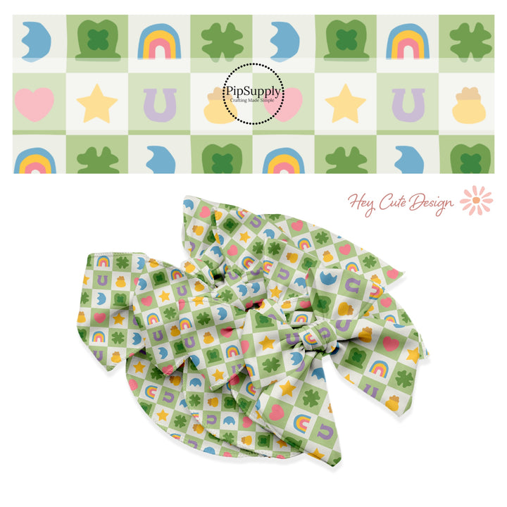 Pink heart, green clover, green hat, rainbow, gold star, and pot of gold on a green and cream checker bow strip