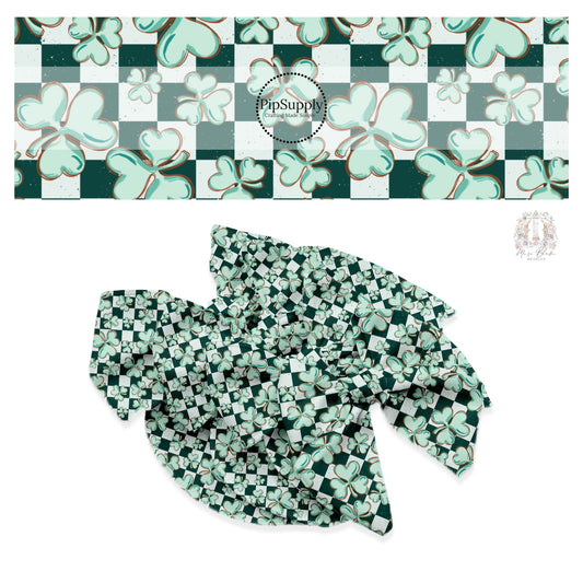 Green clovers on speckled dot emerald checkered bow strips
