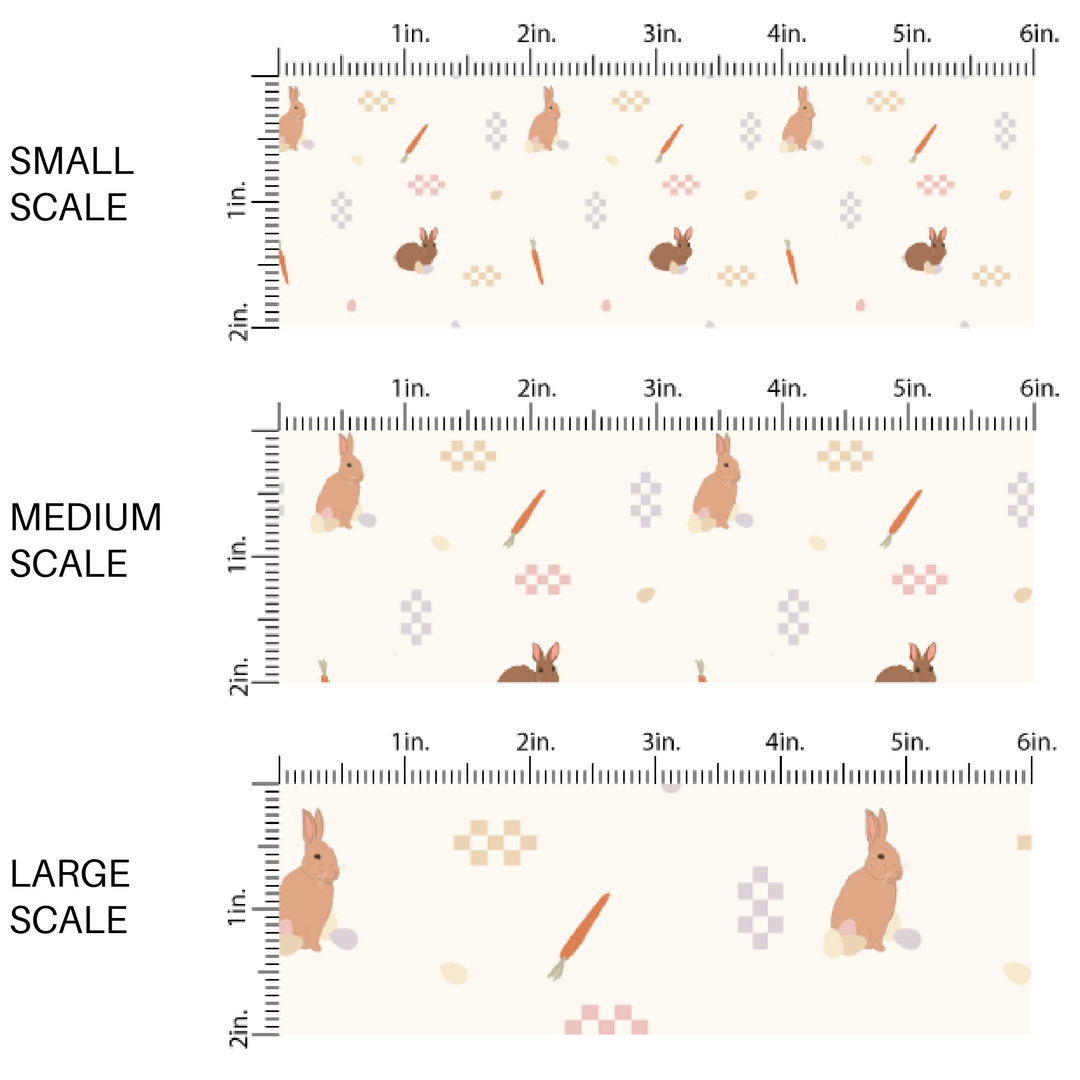 Cream colored fabric by the yard scaled image guide with checkered Easter Eggs, Cottontail Bunnies, and Orange carrots