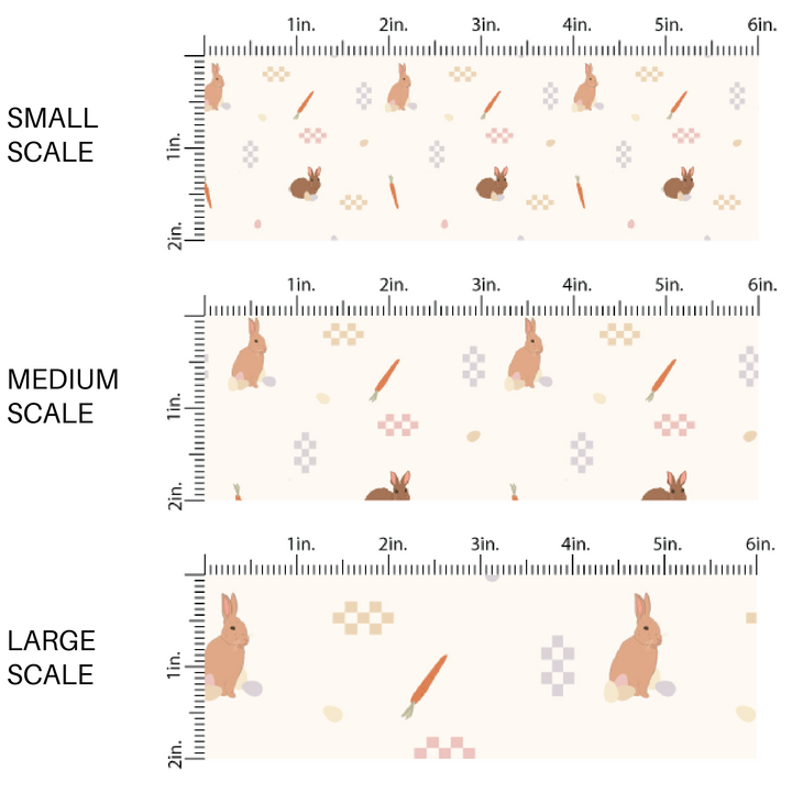Cream colored fabric by the yard scaled image guide with checkered Easter Eggs, Cottontail Bunnies, and Orange carrots