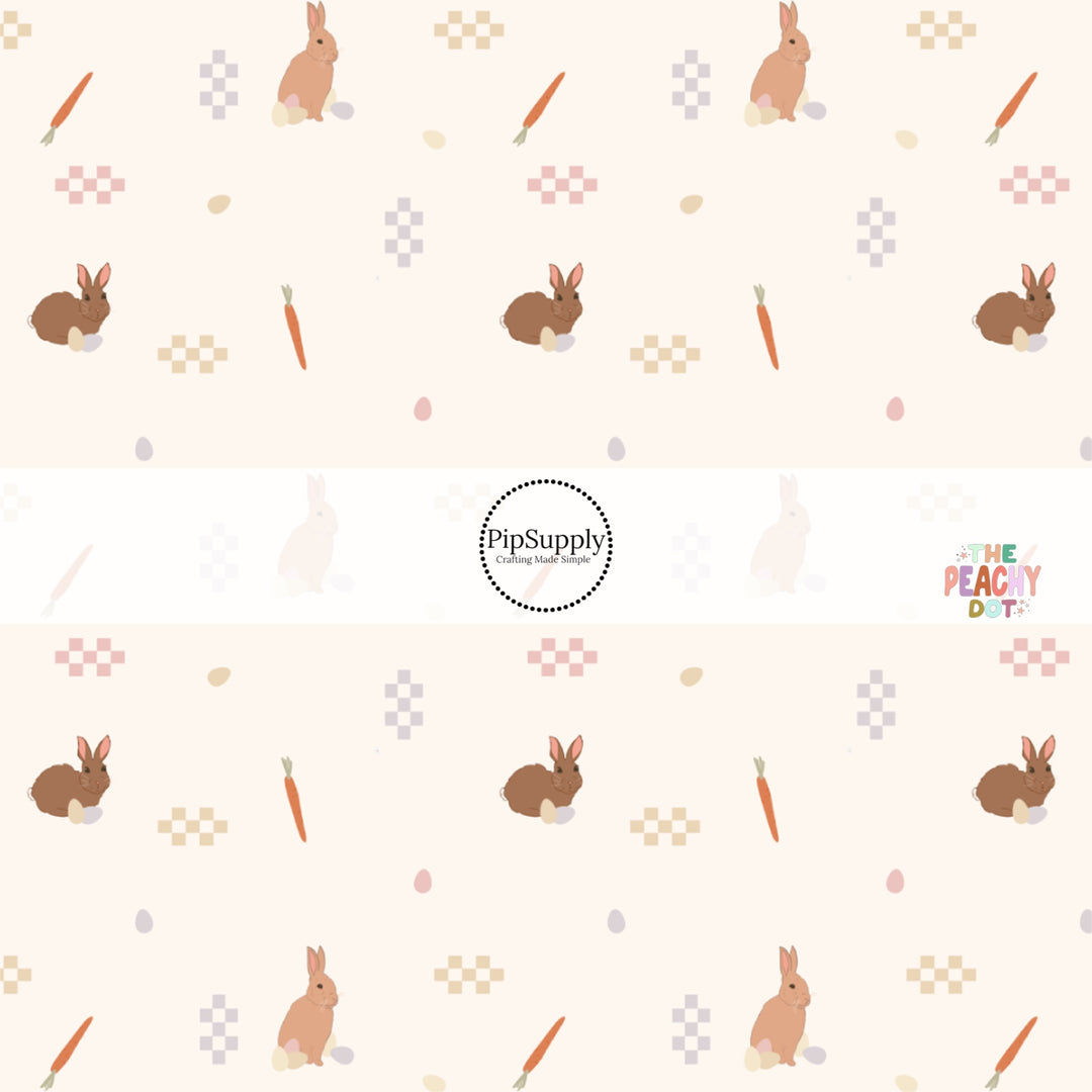 Cream colored fabric by the yard with checkered Easter Eggs, Cottontail Bunnies, and Orange carrots - Easter Fabric 