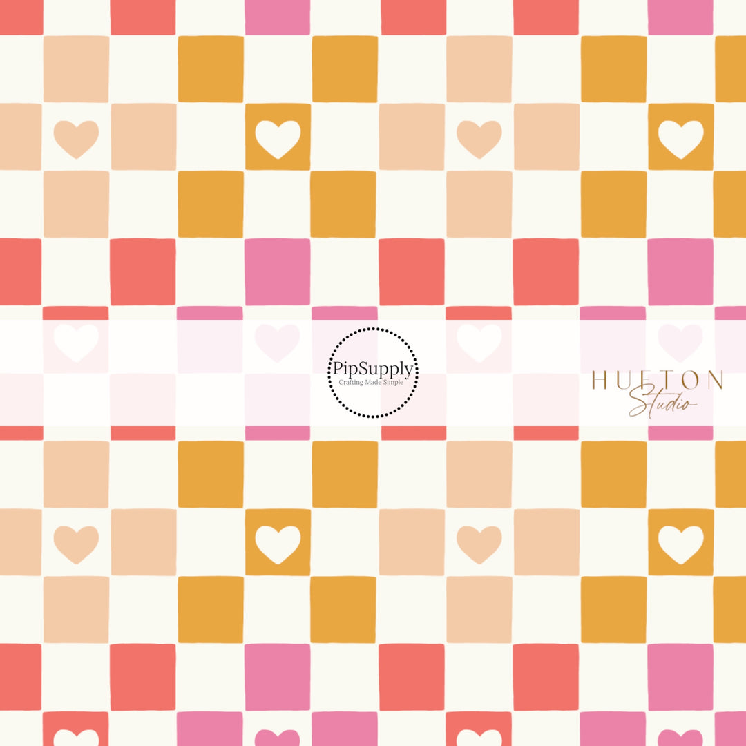 Pink , beige, and orange Valentine Hearts fabric by the yard pattern on Cream Fabric