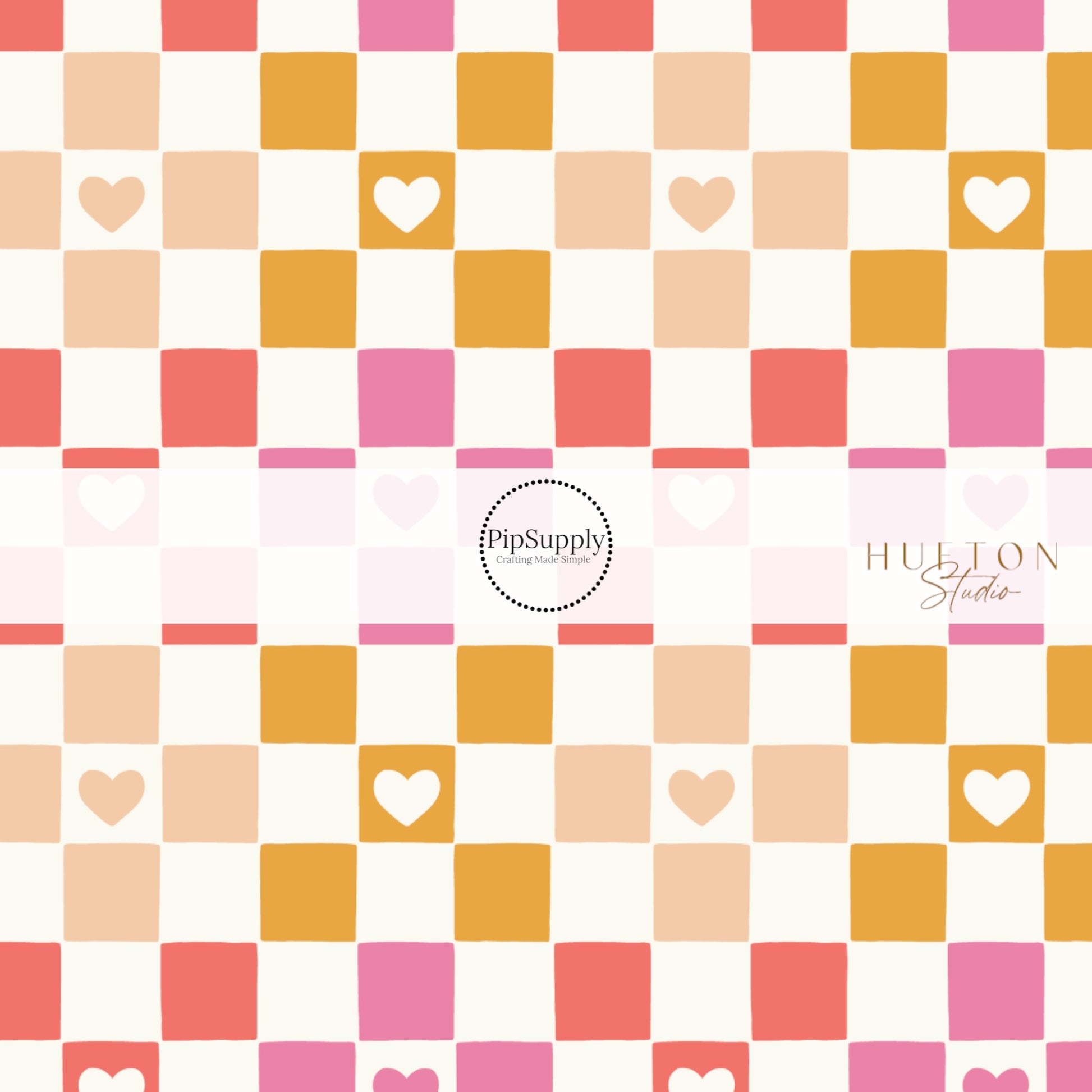 Pink , beige, and orange Valentine Hearts fabric by the yard pattern on Cream Fabric