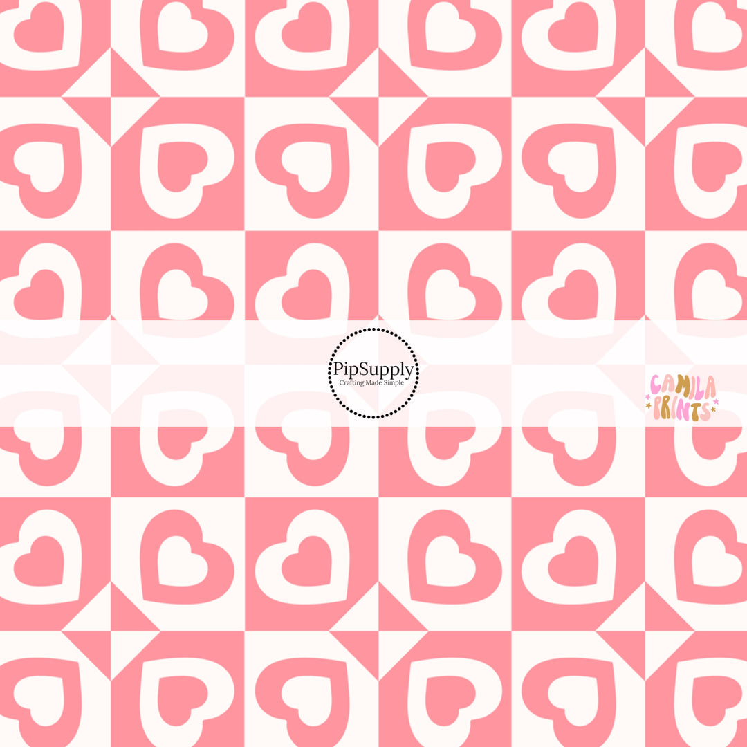 Pink and white Heart Checkered pattern Fabric by the Yard 