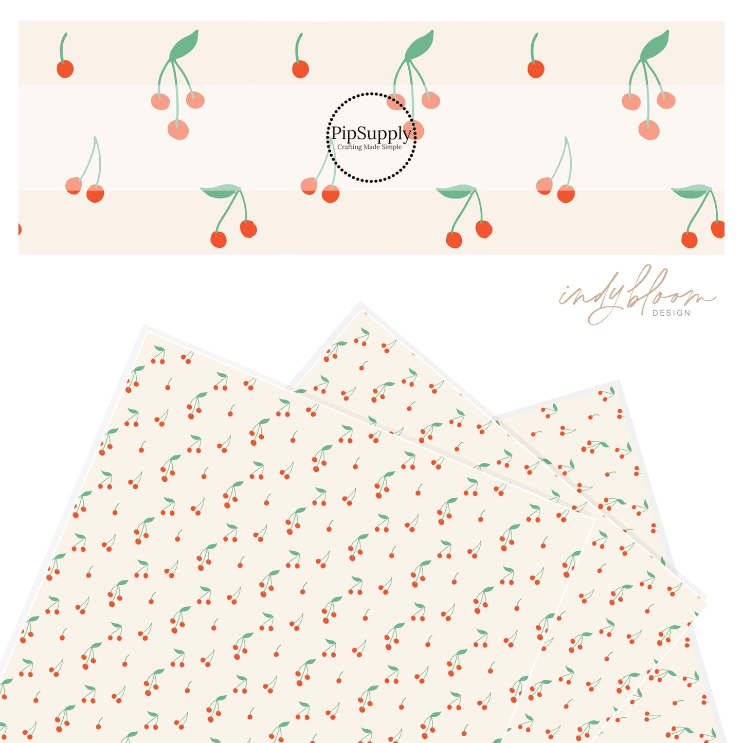 Bunches of cherries on cream faux leather sheet.