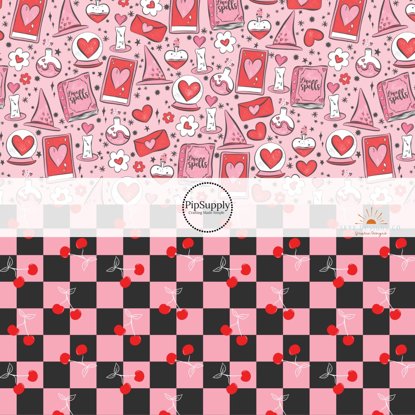 Black and Pink Checkered Fabric with Red Cherries - Pink Fabric with red hearts and love potion bottles Fabric by the Yard 